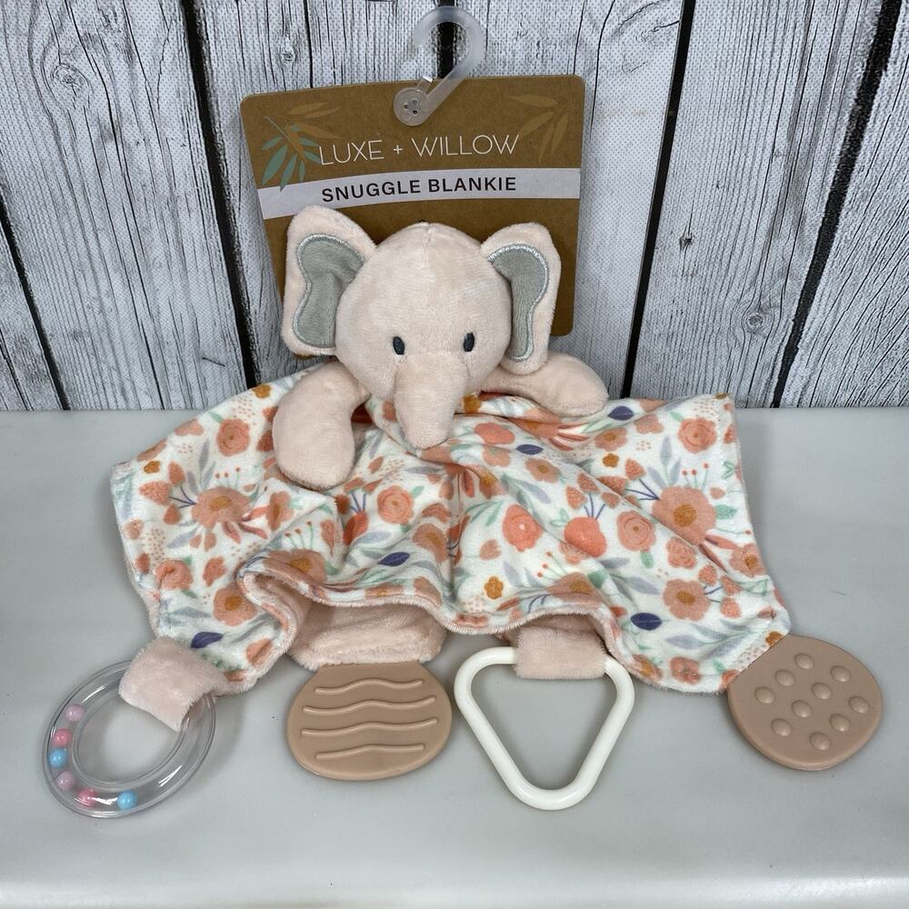 Luxe & Willow Elephant Snuggle Blankie Lovey Plush Teether Rattle Baby New